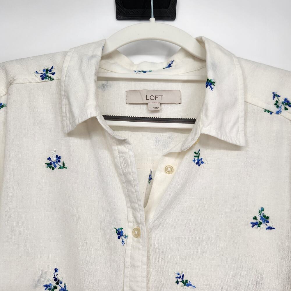 Loft White Linen Blend Floral Embroidered Collared Button Up Shirt Women's L - Picture 7 of 8